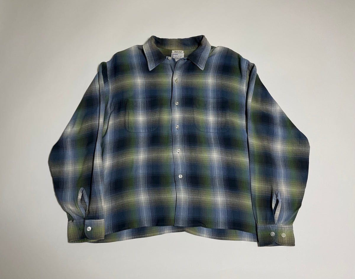 50s vintage Sears Ombre check rayon shirt BlueXGreenXBlack XL