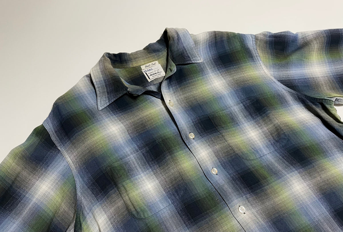 50s vintage Sears Ombre check rayon shirt BlueXGreenXBlack XL