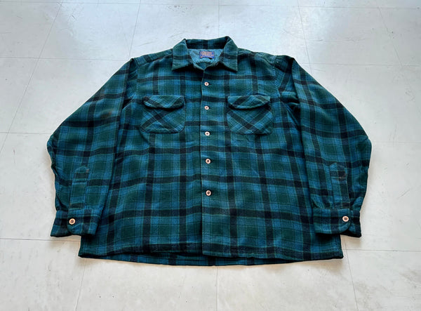 60s Pendleton Plaid Board Shirt L Turquoise