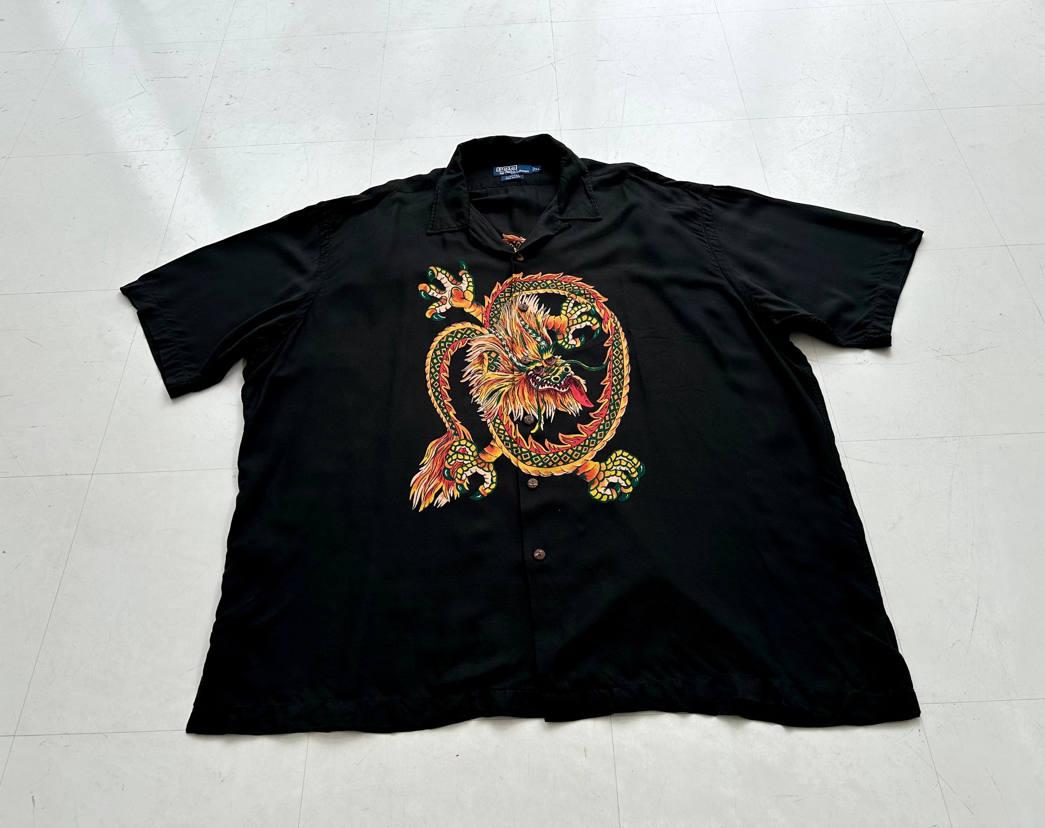 90s Polo Ralph Lauren CLAYTON Dragon Rayon Loop Shirt XL Black – NO BURCANCY