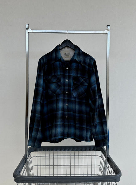 70s Goldenline Shadowplaid Wool Loop Shirt M Navy&Blue – NO BURCANCY