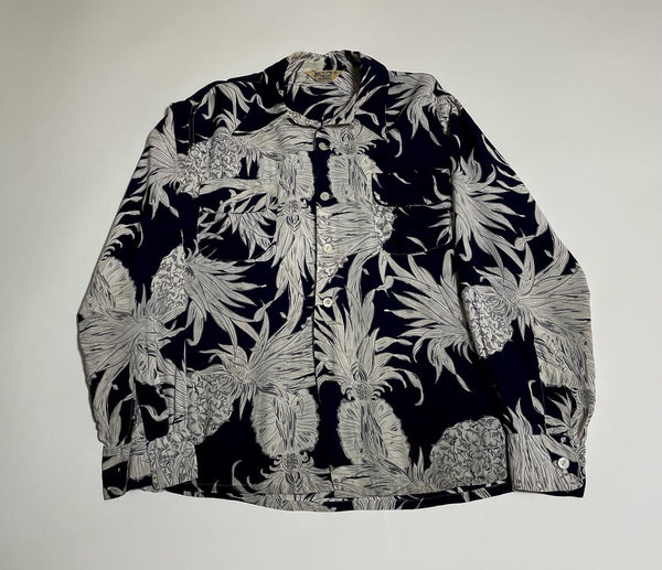 50s vintage Pilgrim Hawaiian pineapple Opencollar Rayon shirt NavyXWhite M