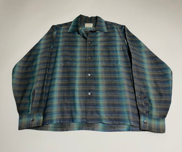 50s vintage VAV HEUSEN Ombre Opencollar rayonshirt GrayXBlue M