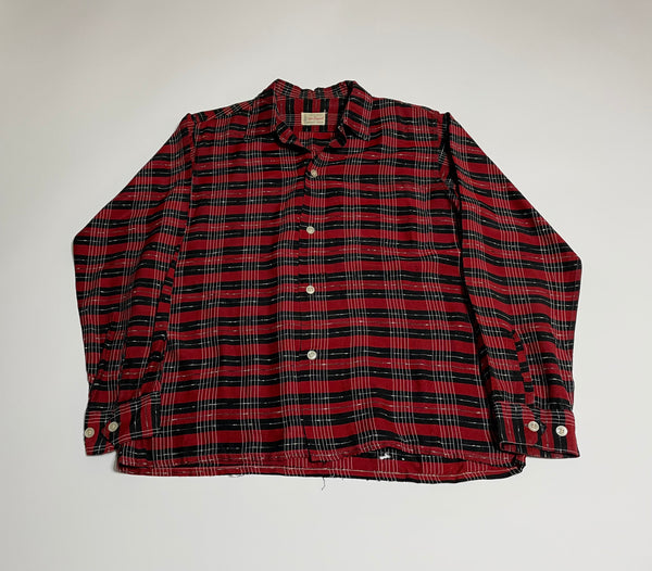 50s vintage BlackXRed plaid opencollar shirt M