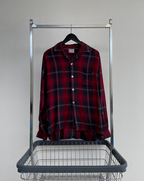 50s Vintage Mac Phergus Rayon ShadowPlaid Loop Shirt M Black&Red